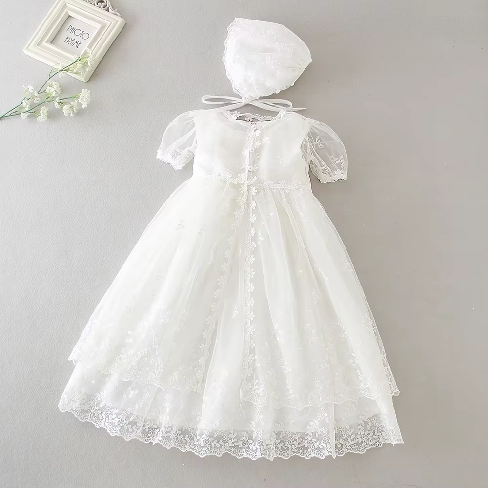 9903 Baby Girls Special Occasions Dresses Waist Christening Gown Baptism Dress With Bonnet