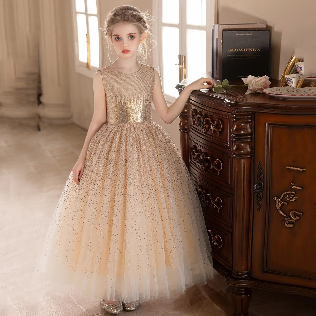 5157 Wholesale Girl Dresses 10 Years Old Princess Gold Sequin Birthday Party Wedding Evening Gown Kids Baby Girls Frock