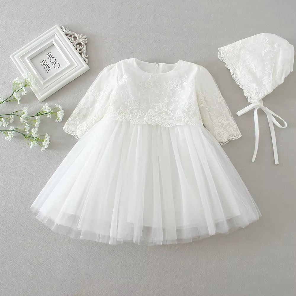 9605 Newborn Baby Clothes Princess Babies Dress One-year-old Christening Gown Long Sleeves Baby Embroidery Dresses with Hat