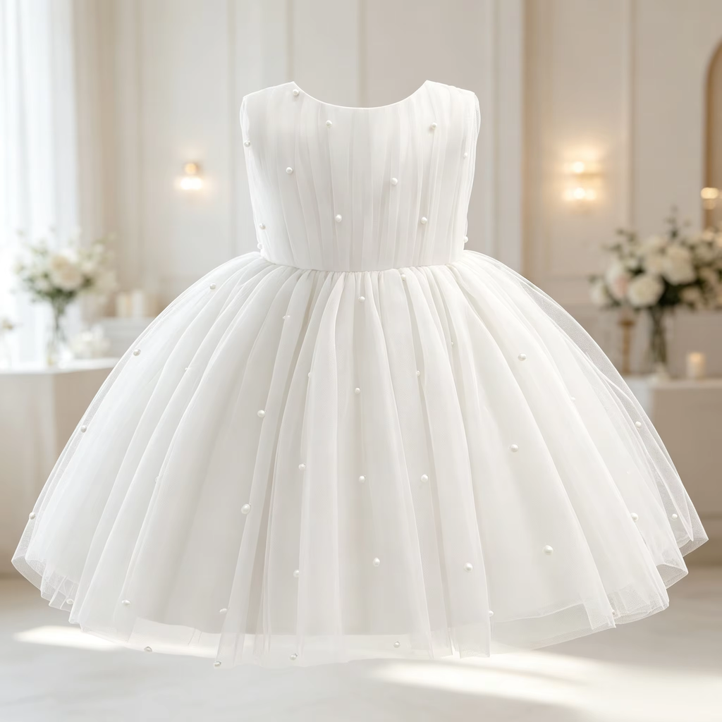 5296 Wholesale Baby Girls White Pearl Tulle Dress 1-4 Years Flower Girl Wedding Baptism Party Gown OEM Kids Clothing Supplier Wear