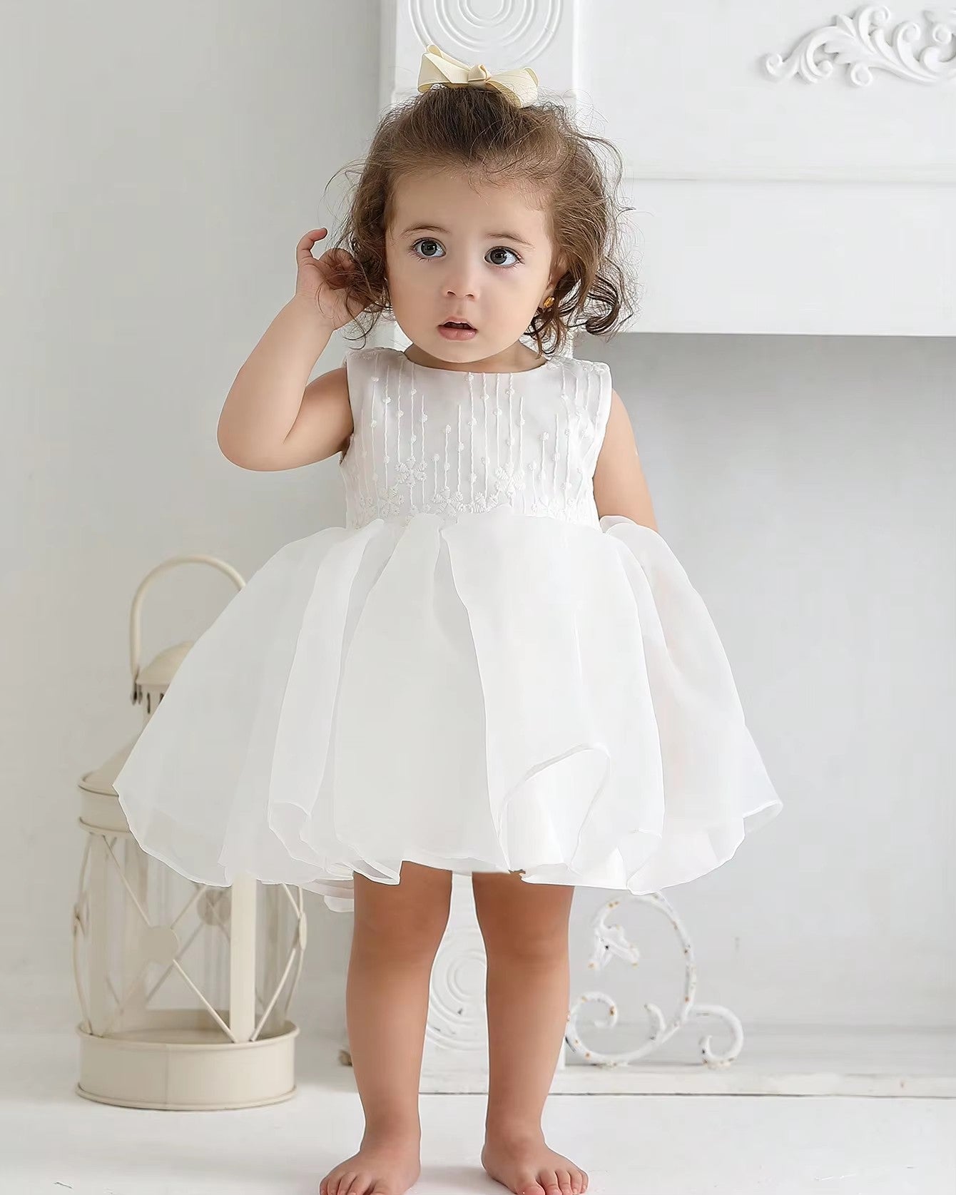 7928 Baptism Dress for Baby Girl Tutu Dress for Baby Princess Lace Bow Decorated Birthday White Dress for 0-3 Month Baby Girl