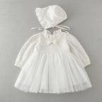 9708 Baby Baptism Wedding Party Dresses Lace Comfortable Tulle Bow Decoration Long Sleeves 2pcs Set with Hood