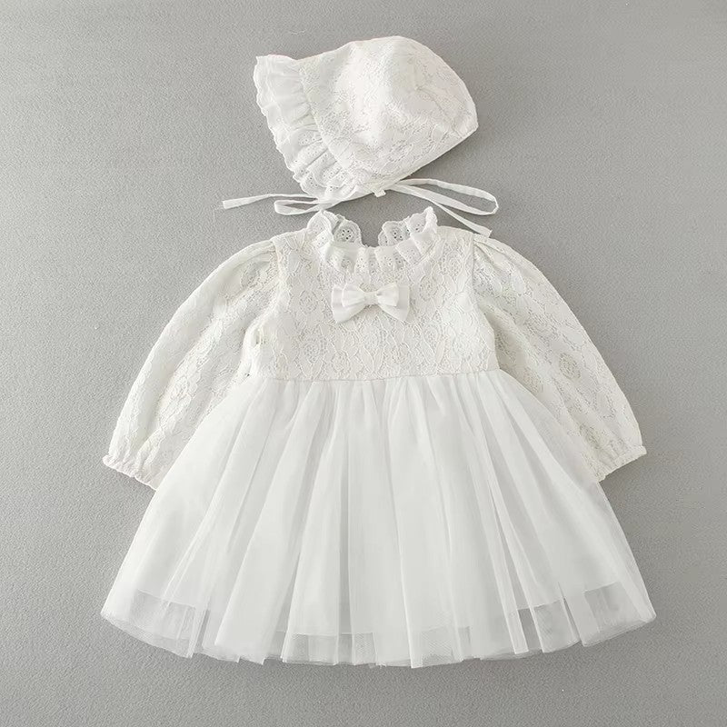 9708 Baby Baptism Wedding Party Dresses Lace Comfortable Tulle Bow Decoration Long Sleeves 2pcs Set with Hood