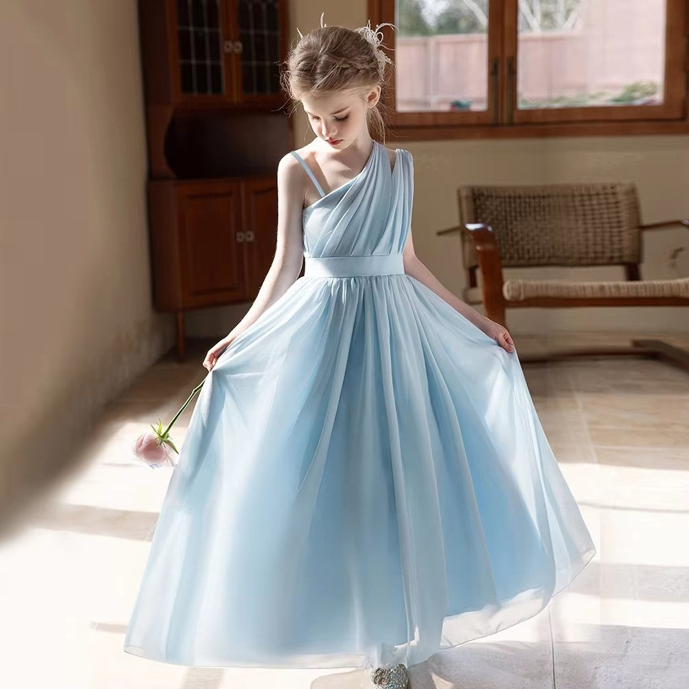 5155 Wholesale 6-11Y Korean Elegant Girls Summer Chiffon Off Shoulder Dress Kids Birthday Graduation Party Evening Children Dresses