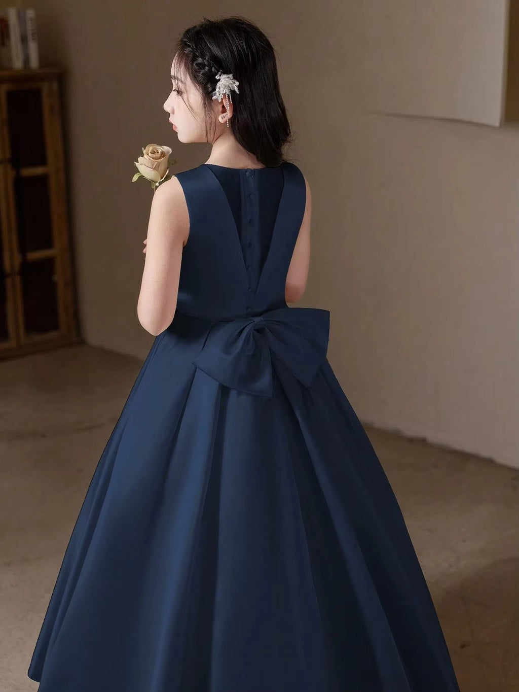 5168 Wholesale Satin Royal Blue Black Formal Evening Prom Year 6 Graduation Dresses for 11Y 12 Years Old Teen Girls