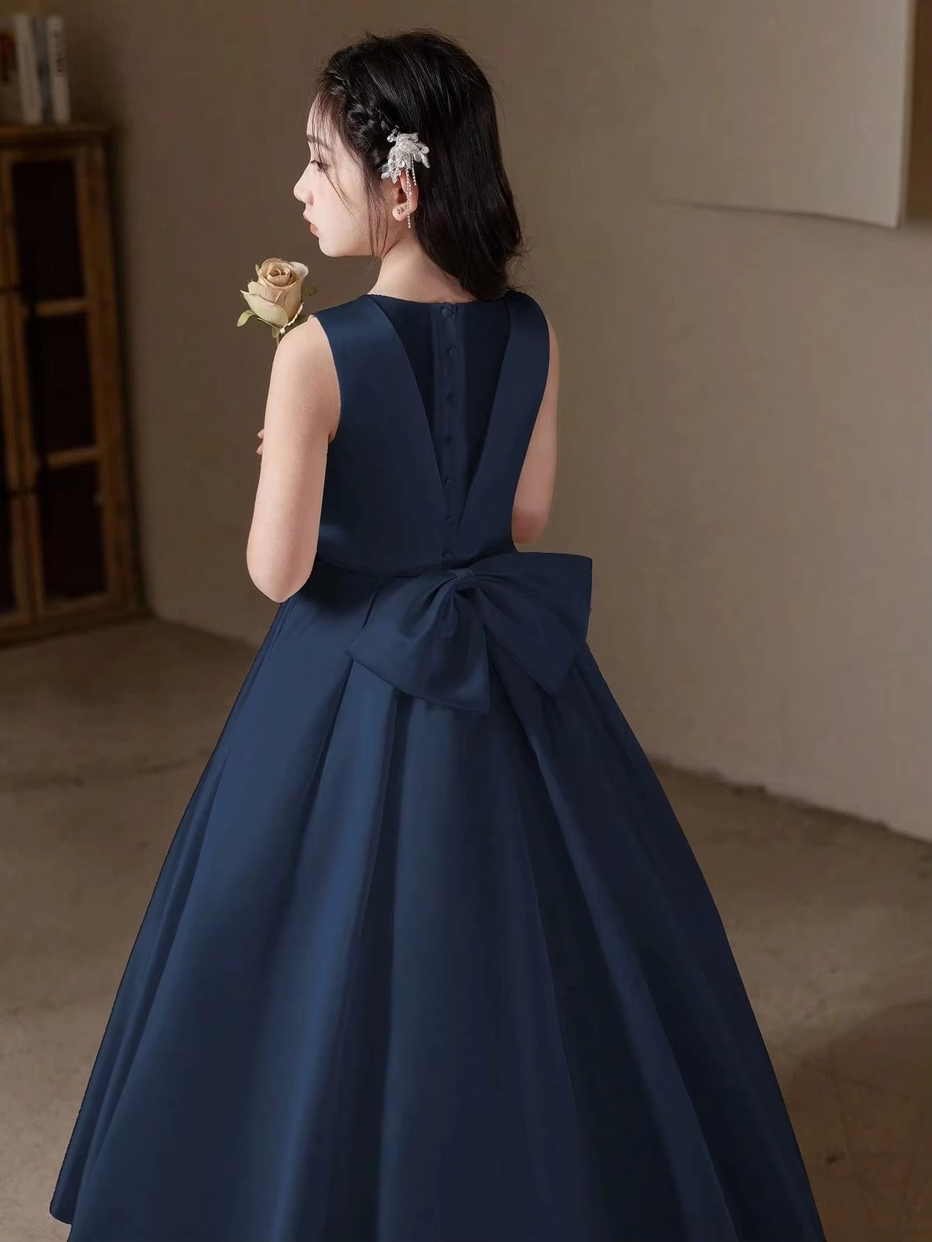 5168 Wholesale Satin Royal Blue Black Formal Evening Prom Year 6 Graduation Dresses for 11Y 12 Years Old Teen Girls