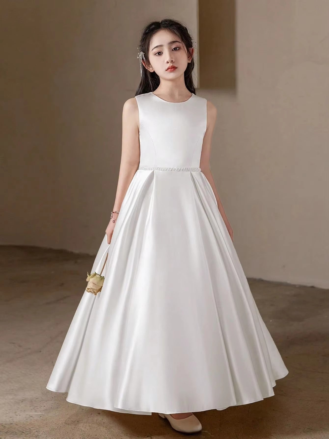 5168 Wholesale Satin White Princess Flower Girl Dress for 12 Years Old Kids Girls Wedding Graduation Party Black 14Y