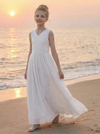 5111 Wholesale Chiffon White Sleeveless Summer Princess Islamic Flower Girl Dress for 10 Years Old Girls Wedding Party Wear 16Y