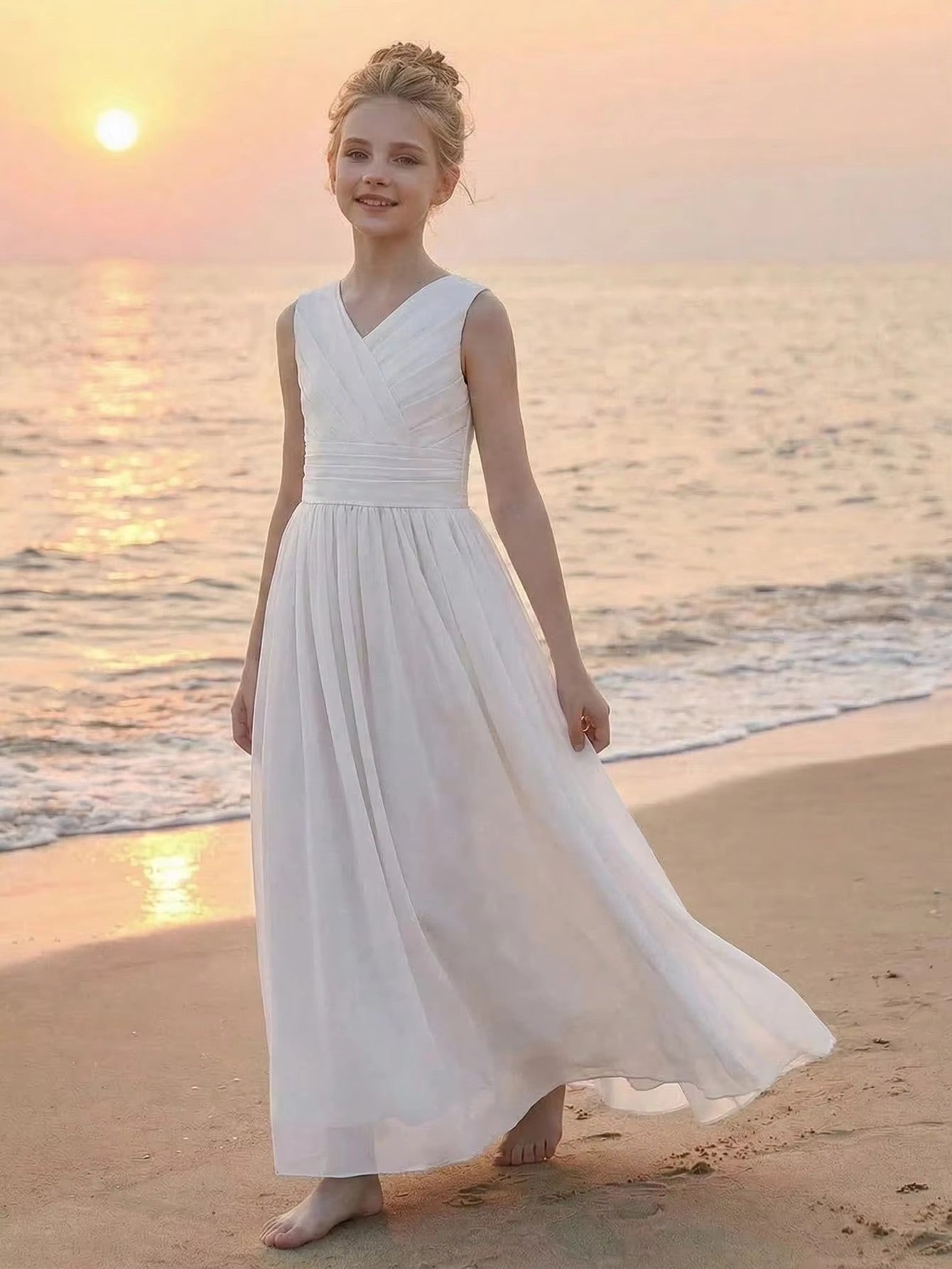 5111 Wholesale Chiffon White Sleeveless Summer Princess Islamic Flower Girl Dress for 10 Years Old Girls Wedding Party Wear 16Y