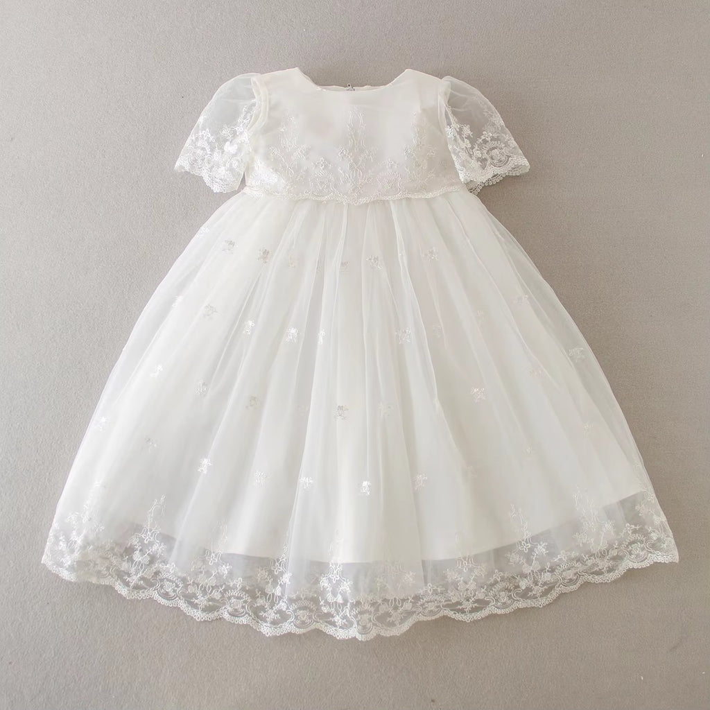 7527 Christening Fancy Outfits Luxury Bow Lace Baby Girls Tulle with Bonnet New Design Cute Embroidered Elegant Baptism Dress