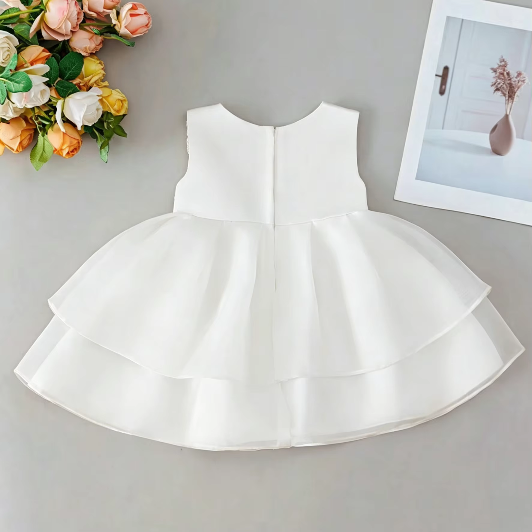 2089 Baby Girls White Lace Baptism Dress 3-24 Months Sleeveless Bow A-Line Christening Gown for Wedding Communion Formal Party