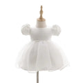 7865 Baby Girls White Satin Puff Sleeve Baptism Dress 3-24 Months Pearl Waist A-Line Christening Gown for Wedding Birthday Formal Party