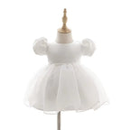 7865 Baby Girls White Satin Puff Sleeve Baptism Dress 3-24 Months Pearl Waist A-Line Christening Gown for Wedding Birthday Formal Party