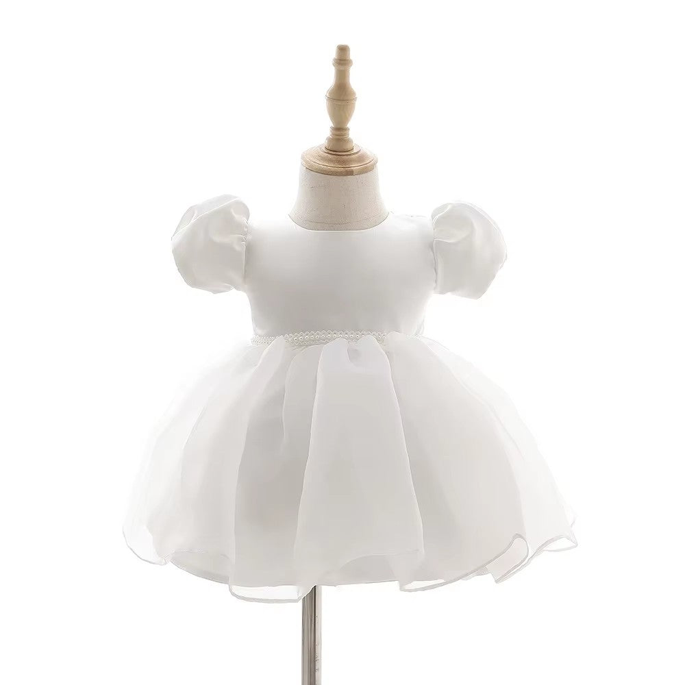 7865 Baby Girls White Satin Puff Sleeve Baptism Dress 3-24 Months Pearl Waist A-Line Christening Gown for Wedding Birthday Formal Party
