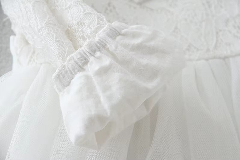 9708 Baby Baptism Wedding Party Dresses Lace Comfortable Tulle Bow Decoration Long Sleeves 2pcs Set with Hood