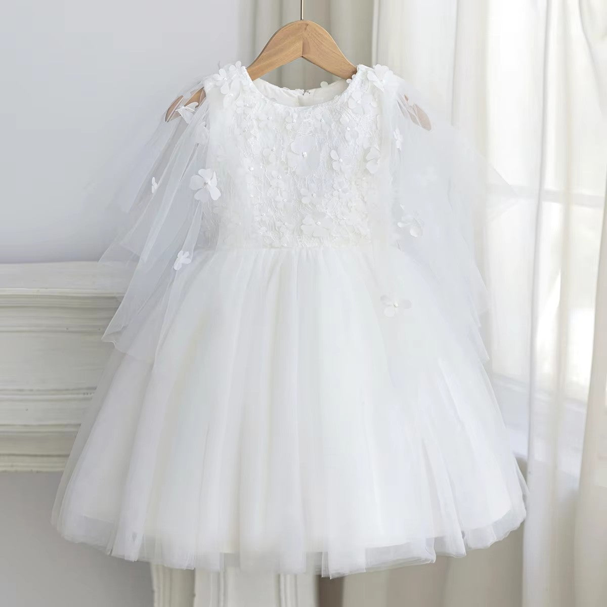 5176 White Dresses Elegant Embroidery Floral Kids Wedding Gown Short Flower Girls' Dresses Party Dress for Baby Girl