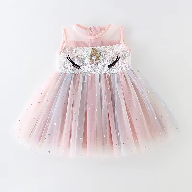 7176 Baby Girl Birthday Party Dress Sequin Dress for Baby Pink Cartoon Baby Summer Princess Doll Dress Set Kids Wholesale Clothing