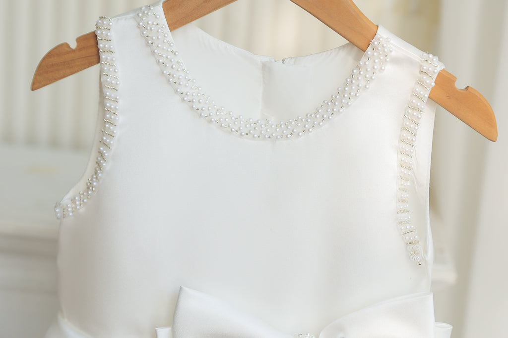 7891 First Communion Dress White Pearl Satin Formal Dress Girls Bow Baptism Church Wedding Graduation Short Gown 7 Years Old