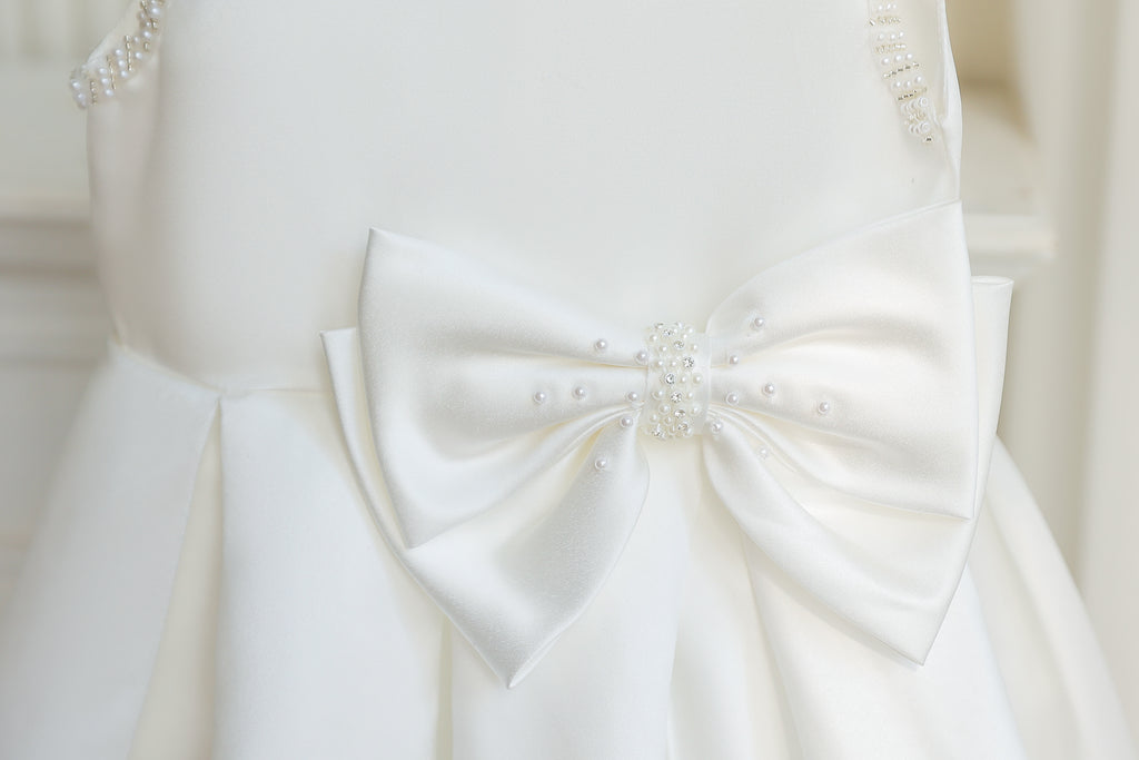 7891 First Communion Dress White Pearl Satin Formal Dress Girls Bow Baptism Church Wedding Graduation Short Gown 7 Years Old