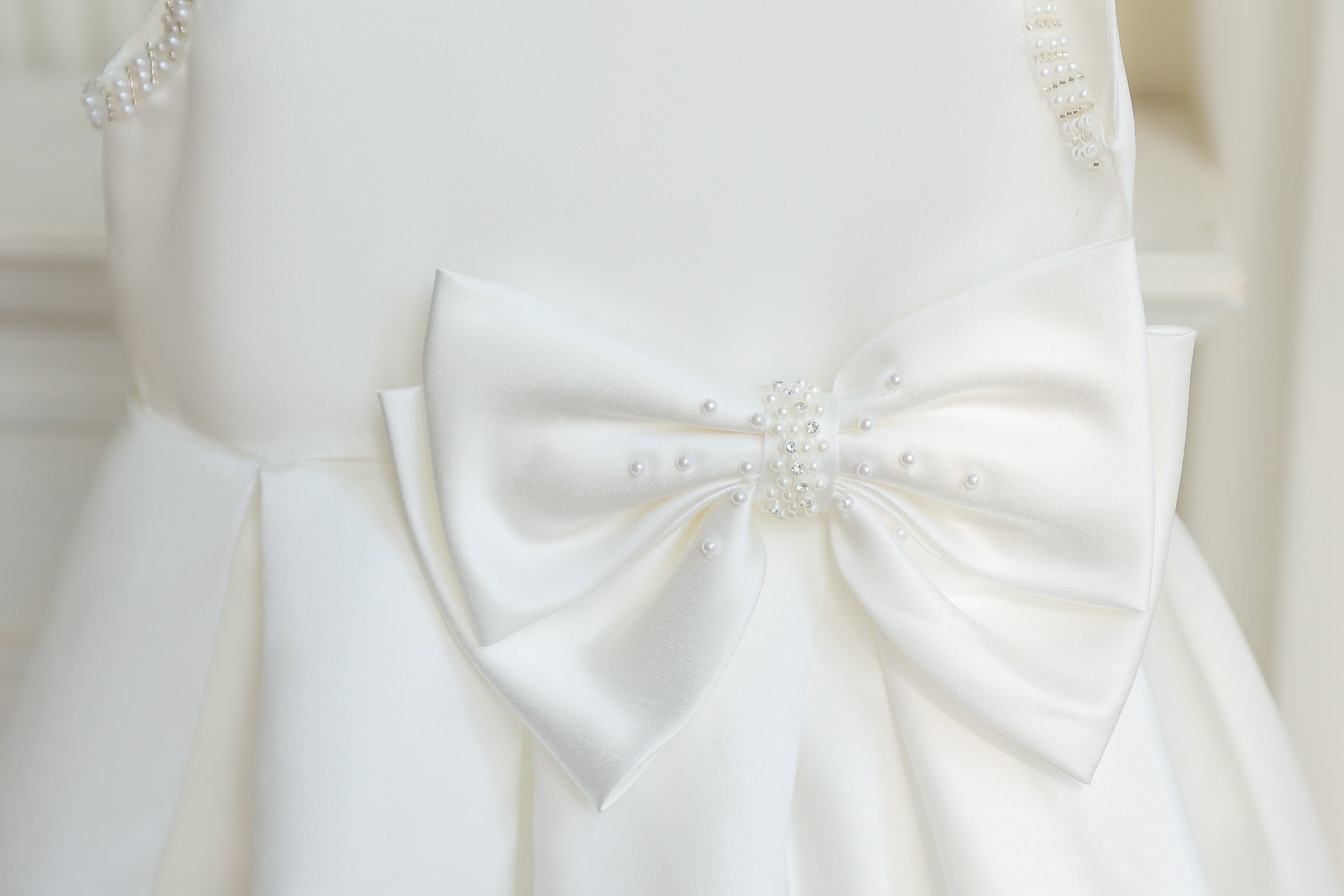 7891 First Communion Dress White Pearl Satin Formal Dress Girls Bow Baptism Church Wedding Graduation Short Gown 7 Years Old