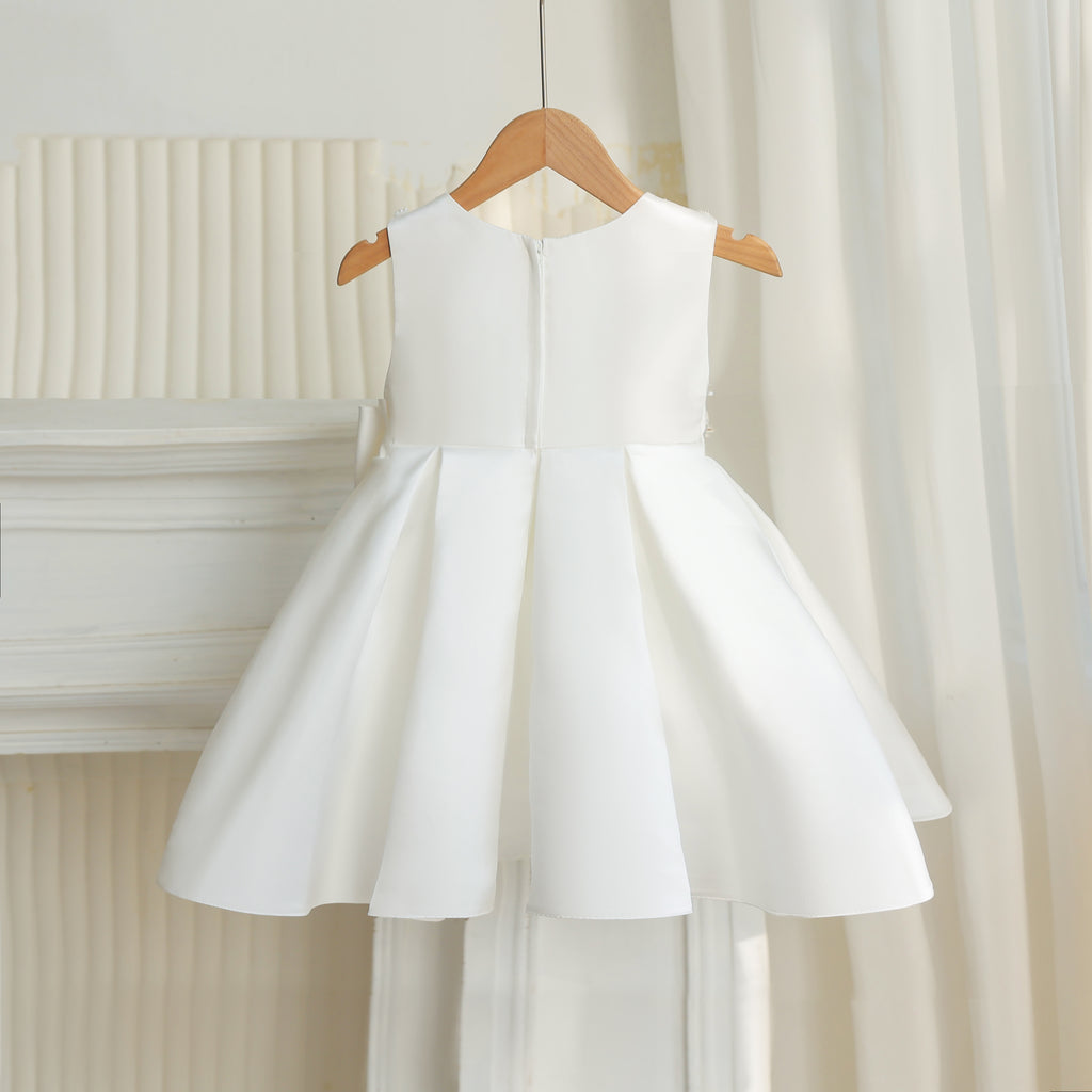 7891 First Communion Dress White Pearl Satin Formal Dress Girls Bow Baptism Church Wedding Graduation Short Gown 7 Years Old