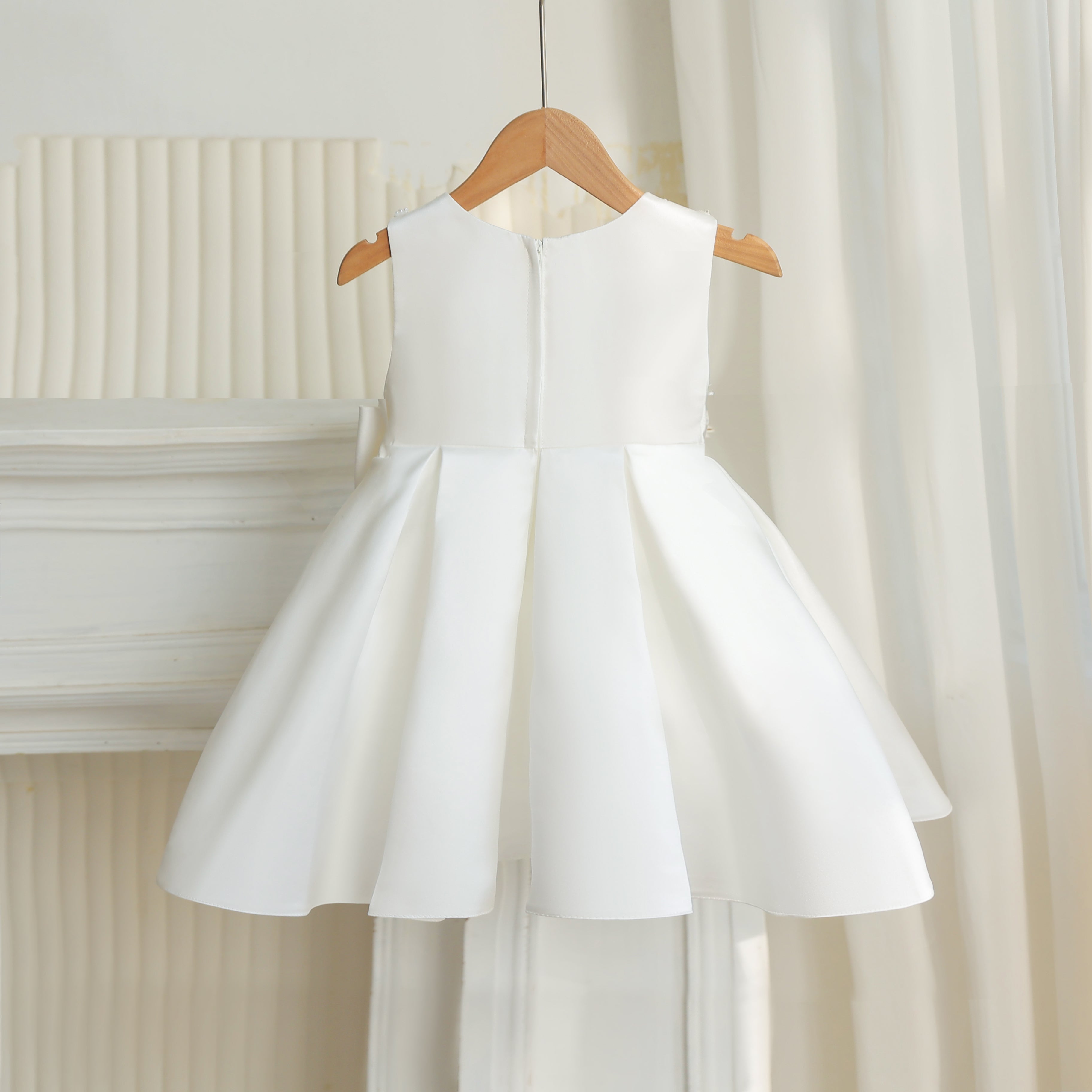 7891 First Communion Dress White Pearl Satin Formal Dress Girls Bow Baptism Church Wedding Graduation Short Gown 7 Years Old