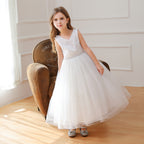 5066 Wholesale Embroidered Lace Tulle Princess Summer Evening Party Pageant Wedding Communion Gown Dress for Kids Girls Party Wear