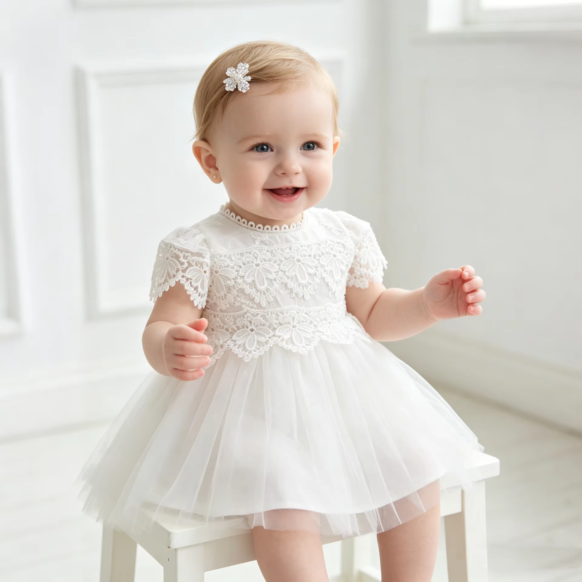 6150 High Quality White Christening Outfits Elegant Fancy Gown Luxury Lace Embroidered with Bonnet Wedding