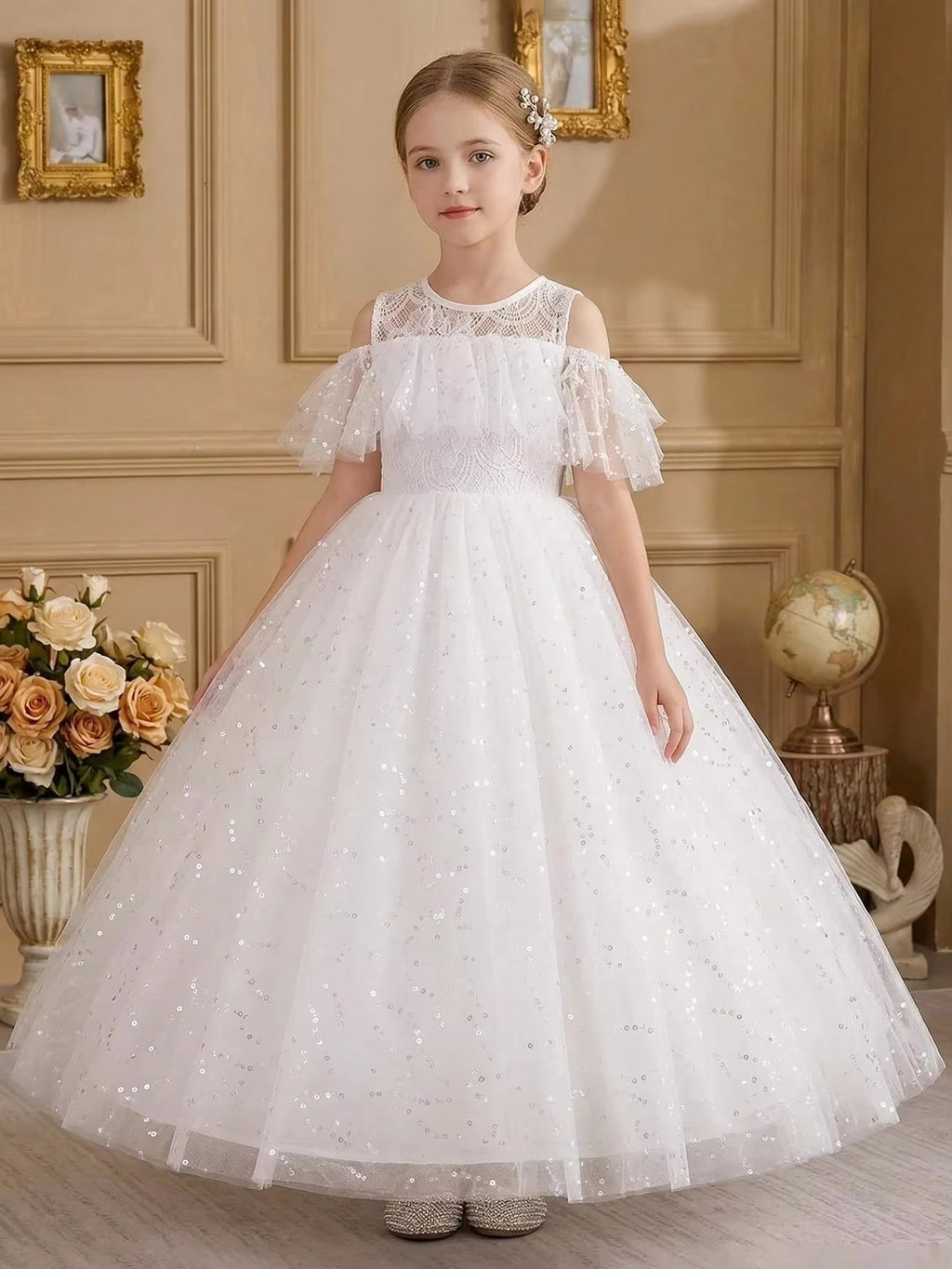 5095 Wholesale Elegant Long White Princess Communion Wedding Graduation Party Gown Dress for Young Little 6 Years Old Kids Girls