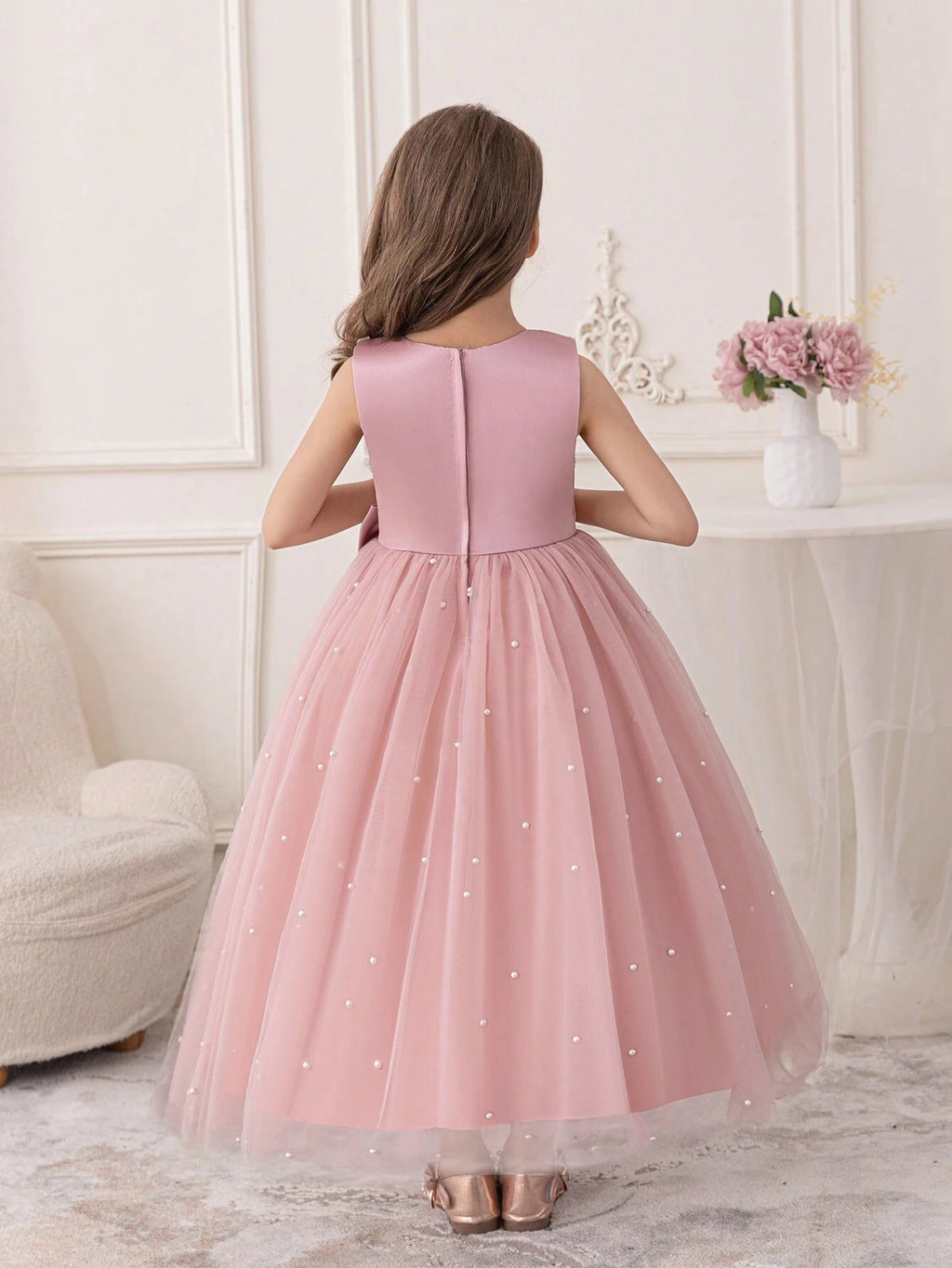 5087 Girls Pink Pageant Dress Sleeveless Pearls Tulle Flower Girl Dresses Big Bow Formal Wedding Birthday Party Princess Gown for 5-11 Years Old Kids
