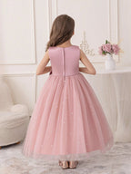 5087 Girls Pink Pageant Dress Sleeveless Pearls Tulle Flower Girl Dresses Big Bow Formal Wedding Birthday Party Princess Gown for 5-11 Years Old Kids