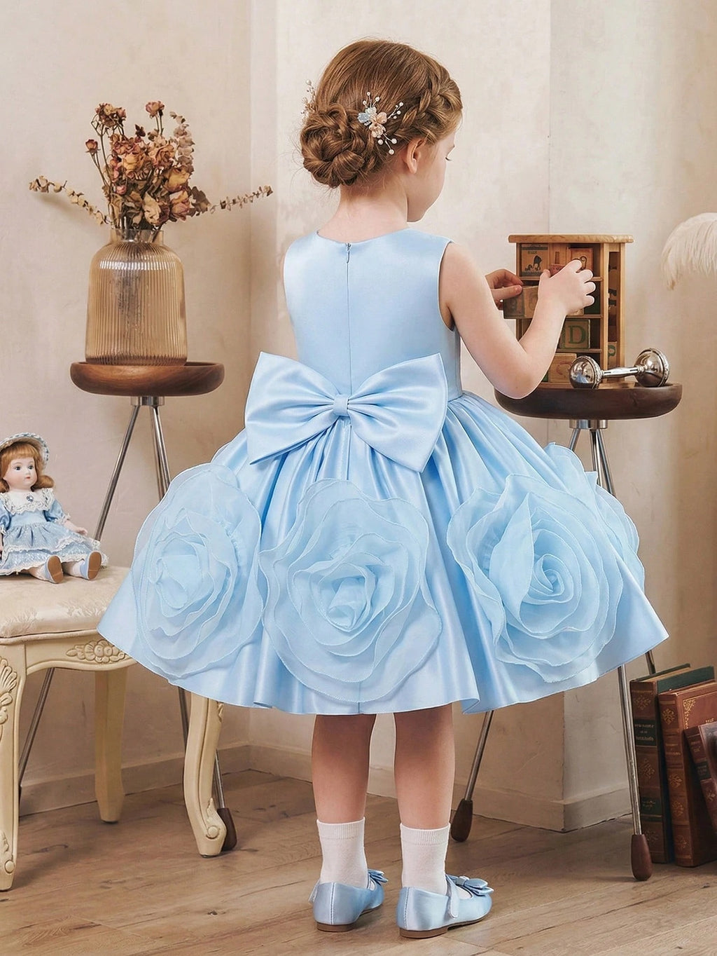 5321 Wholesale Satin 3D Flower Sleeveless Formal Princess Dress for 6Y 7Y 8 Years Old Little Girls Kids Birthday Party Night Gown