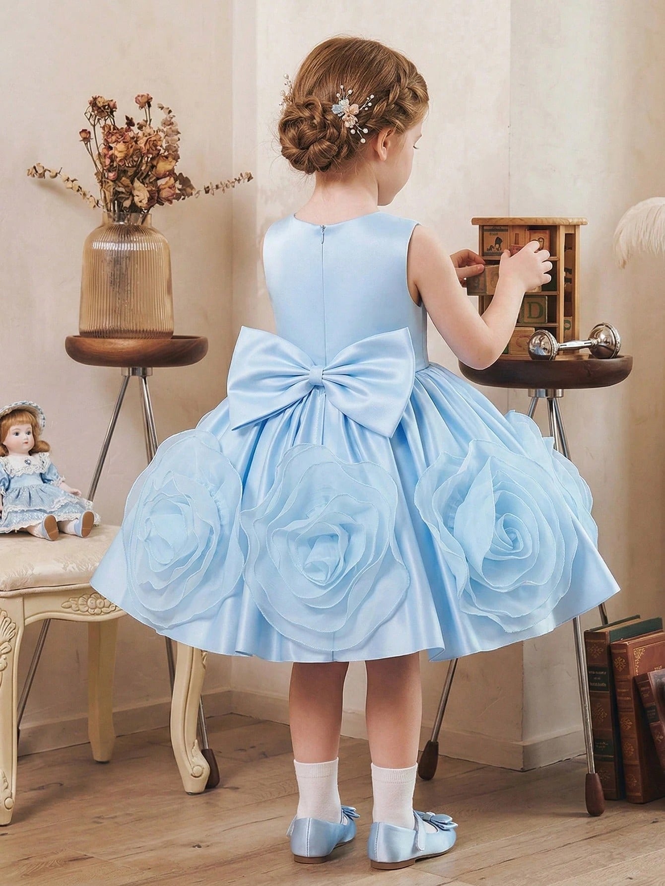 5321 Wholesale Satin 3D Flower Sleeveless Formal Princess Dress for 6Y 7Y 8 Years Old Little Girls Kids Birthday Party Night Gown
