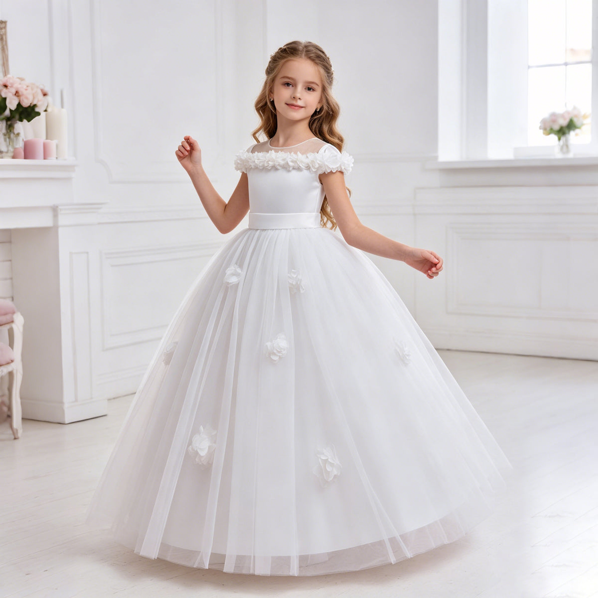 5231 Spring Wedding Little Girls Dress Blush Pink Floral Trim Long Gown for Easter Communion Baptism Bridesmaid Birthday Photoshoot