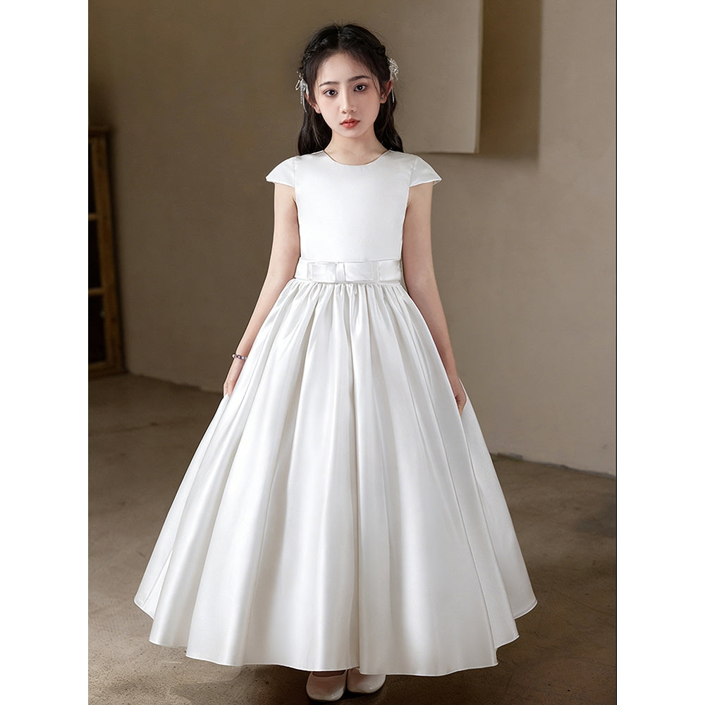 5081 Teenage Girls Clothing Long Style White Elegant Dresses Satin Wholesale Kid Party Birthday Party Dress