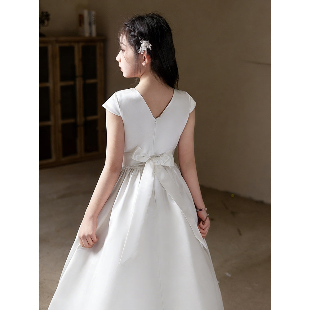 5081 Teenage Girls Clothing Long Style White Elegant Dresses Satin Wholesale Kid Party Birthday Party Dress
