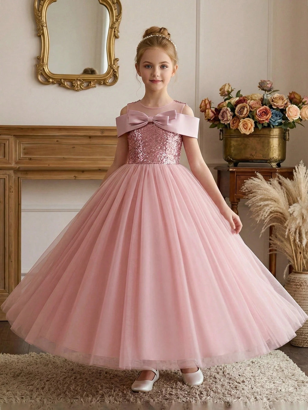 5327 Wholesale 2026 New Tulle Sequins Pink Formal Prom Princess Long Ball Gown Flower Girl Dress for 11 to 15 Years Old Young Girls