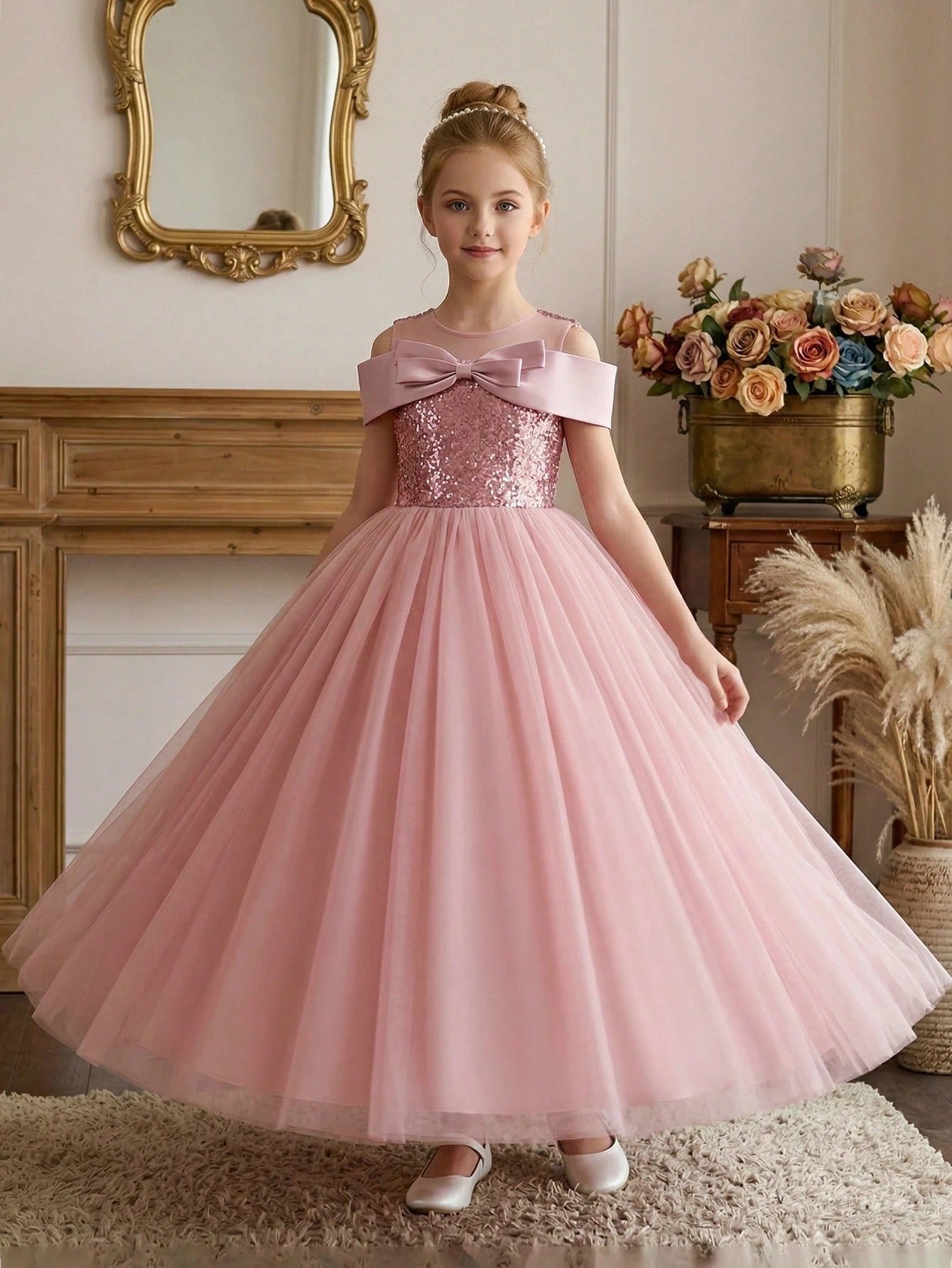 5327 Wholesale 2026 New Tulle Sequins Pink Formal Prom Princess Long Ball Gown Flower Girl Dress for 11 to 15 Years Old Young Girls