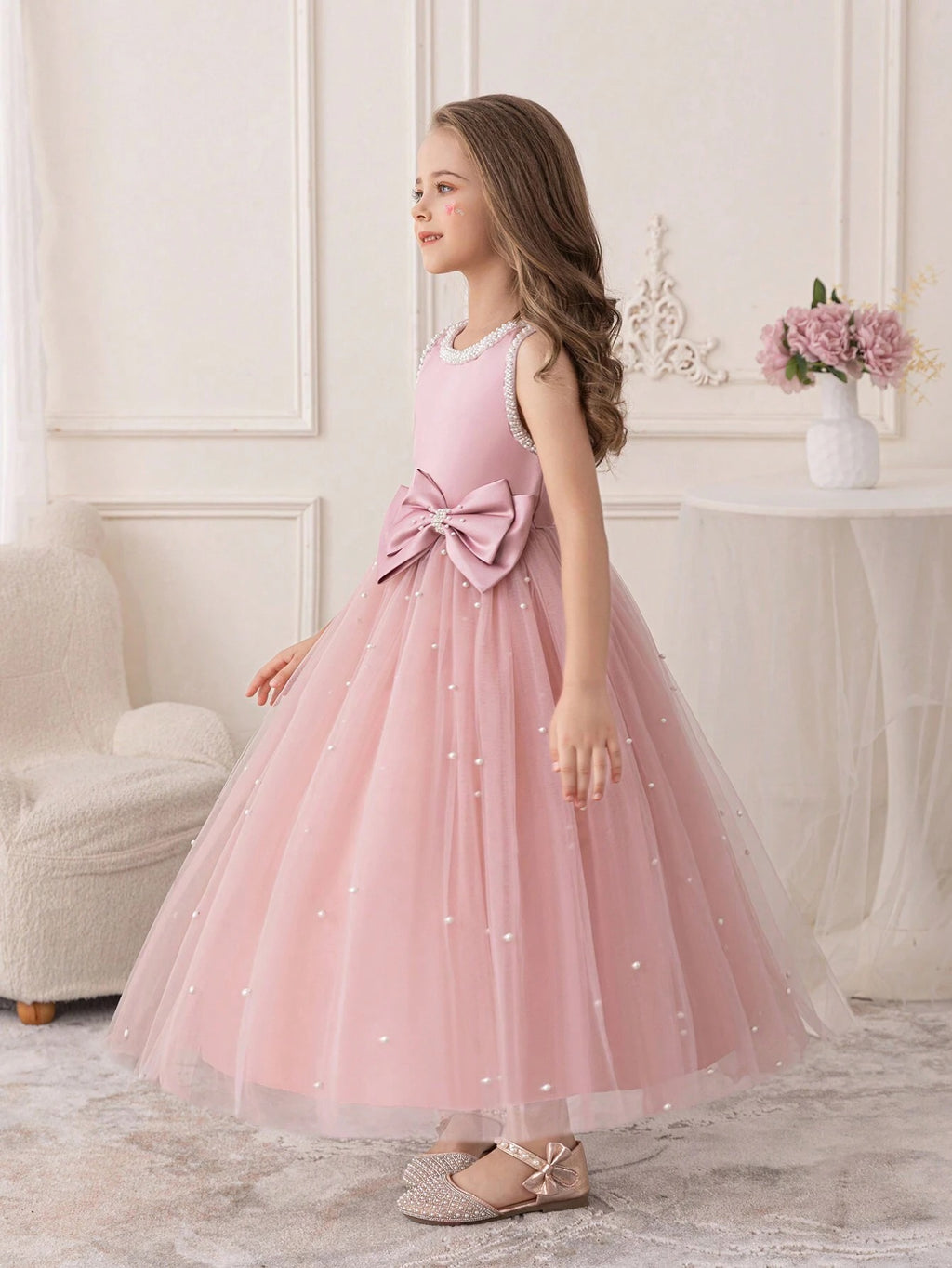 5087 Girls Pink Pageant Dress Sleeveless Pearls Tulle Flower Girl Dresses Big Bow Formal Wedding Birthday Party Princess Gown for 5-11 Years Old Kids