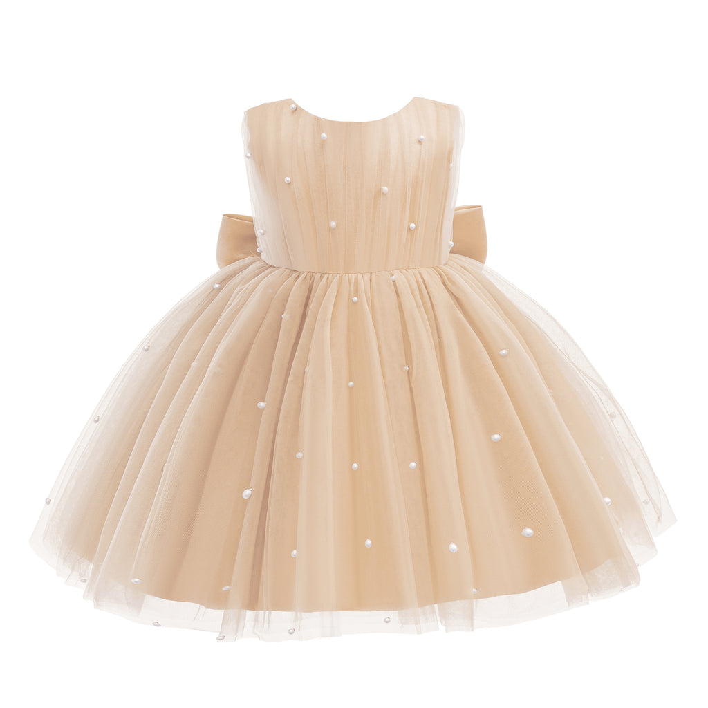 5296 Champagne Baby Girls Tulle Party Dress Pearl Decor Sleeveless Puffy Skirt 12-18M 18-24M Flower Girl Wholesale Vendor Export