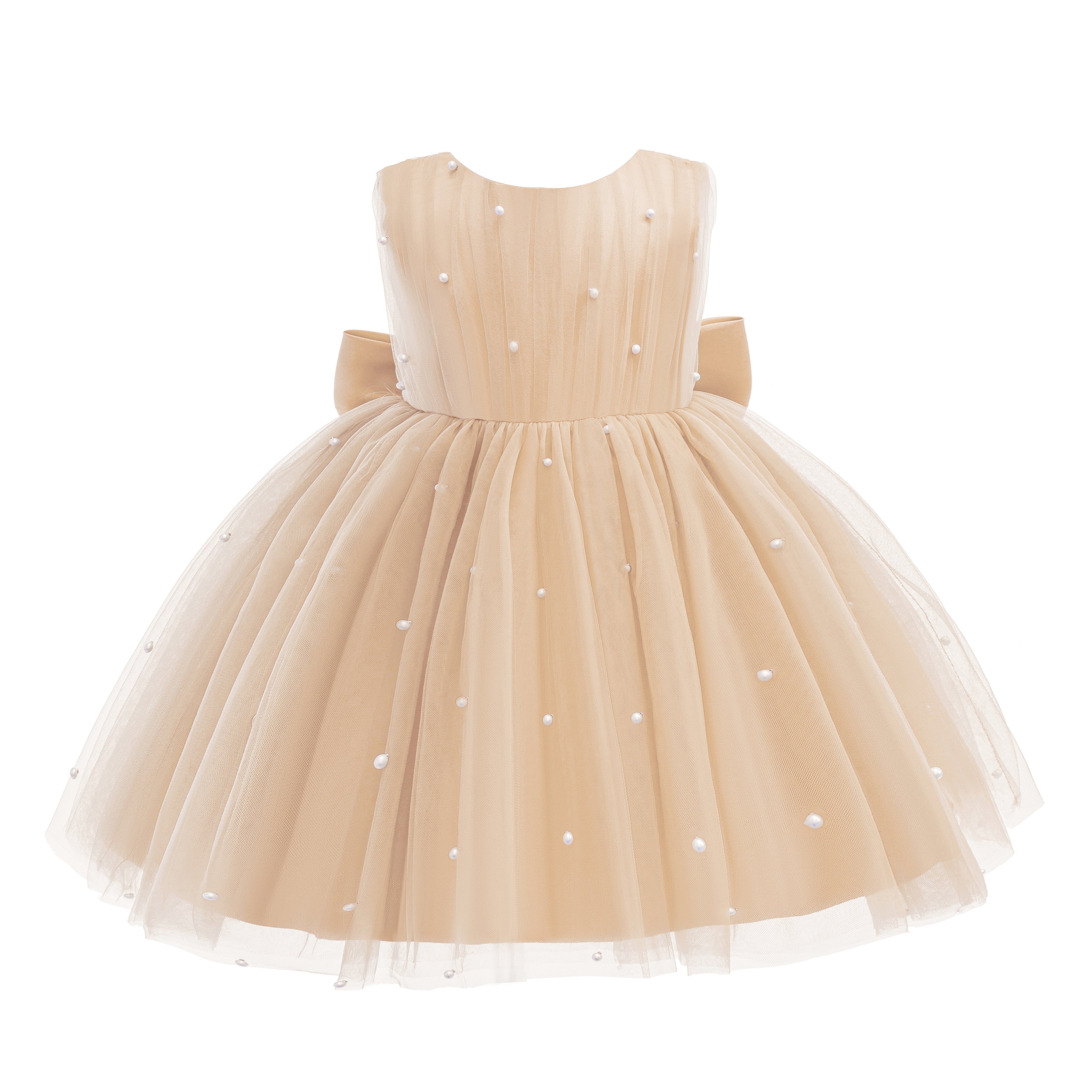 5296 Champagne Baby Girls Tulle Party Dress Pearl Decor Sleeveless Puffy Skirt 12-18M 18-24M Flower Girl Wholesale Vendor Export