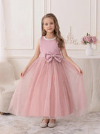5087 Girls Pink Pageant Dress Sleeveless Pearls Tulle Flower Girl Dresses Big Bow Formal Wedding Birthday Party Princess Gown for 5-11 Years Old Kids