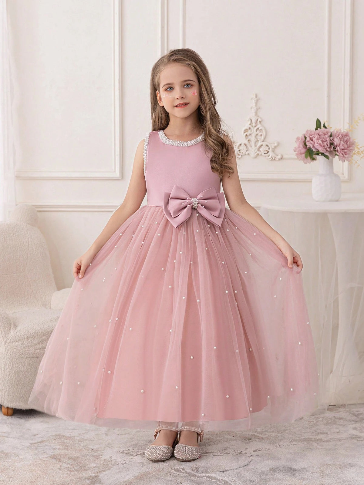5087 Girls Pink Pageant Dress Sleeveless Pearls Tulle Flower Girl Dresses Big Bow Formal Wedding Birthday Party Princess Gown for 5-11 Years Old Kids