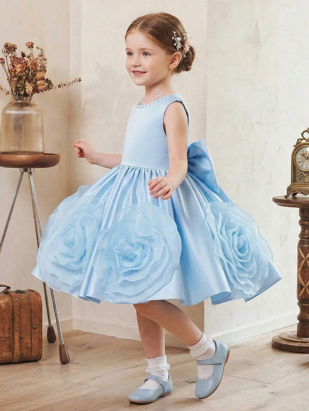 5321 Wholesale Satin 3D Flower Sleeveless Formal Princess Dress for 6Y 7Y 8 Years Old Little Girls Kids Birthday Party Night Gown