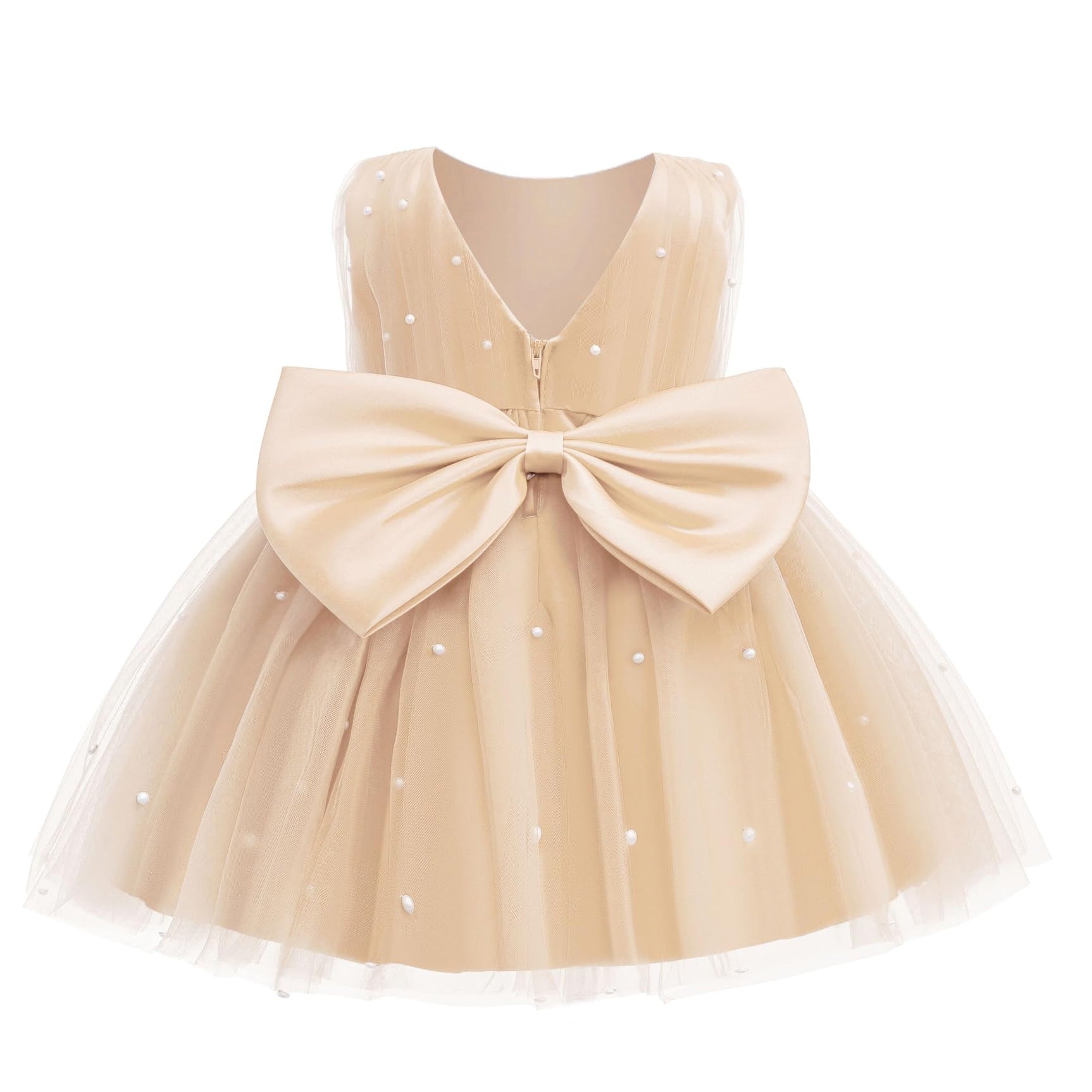 5296 Champagne Baby Girls Tulle Party Dress Pearl Decor Sleeveless Puffy Skirt 12-18M 18-24M Flower Girl Wholesale Vendor Export