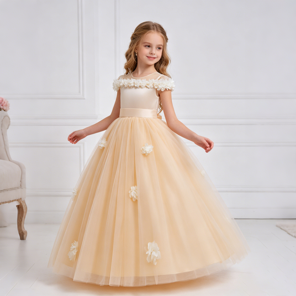 5231 Spring Wedding Little Girls Dress Blush Pink Floral Trim Long Gown for Easter Communion Baptism Bridesmaid Birthday Photoshoot