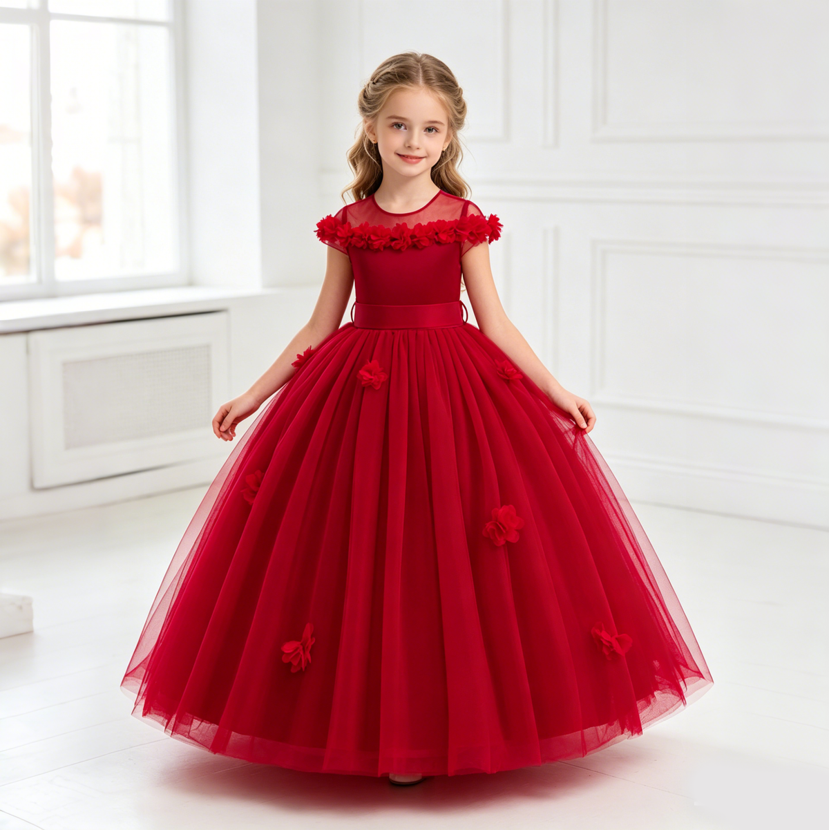 5231 Spring Wedding Little Girls Dress Blush Pink Floral Trim Long Gown for Easter Communion Baptism Bridesmaid Birthday Photoshoot