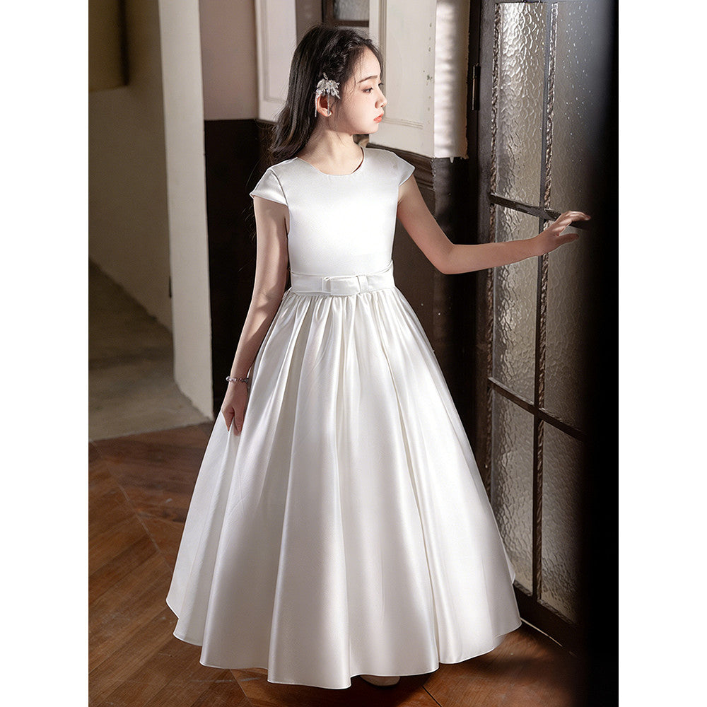 5081 Teenage Girls Clothing Long Style White Elegant Dresses Satin Wholesale Kid Party Birthday Party Dress
