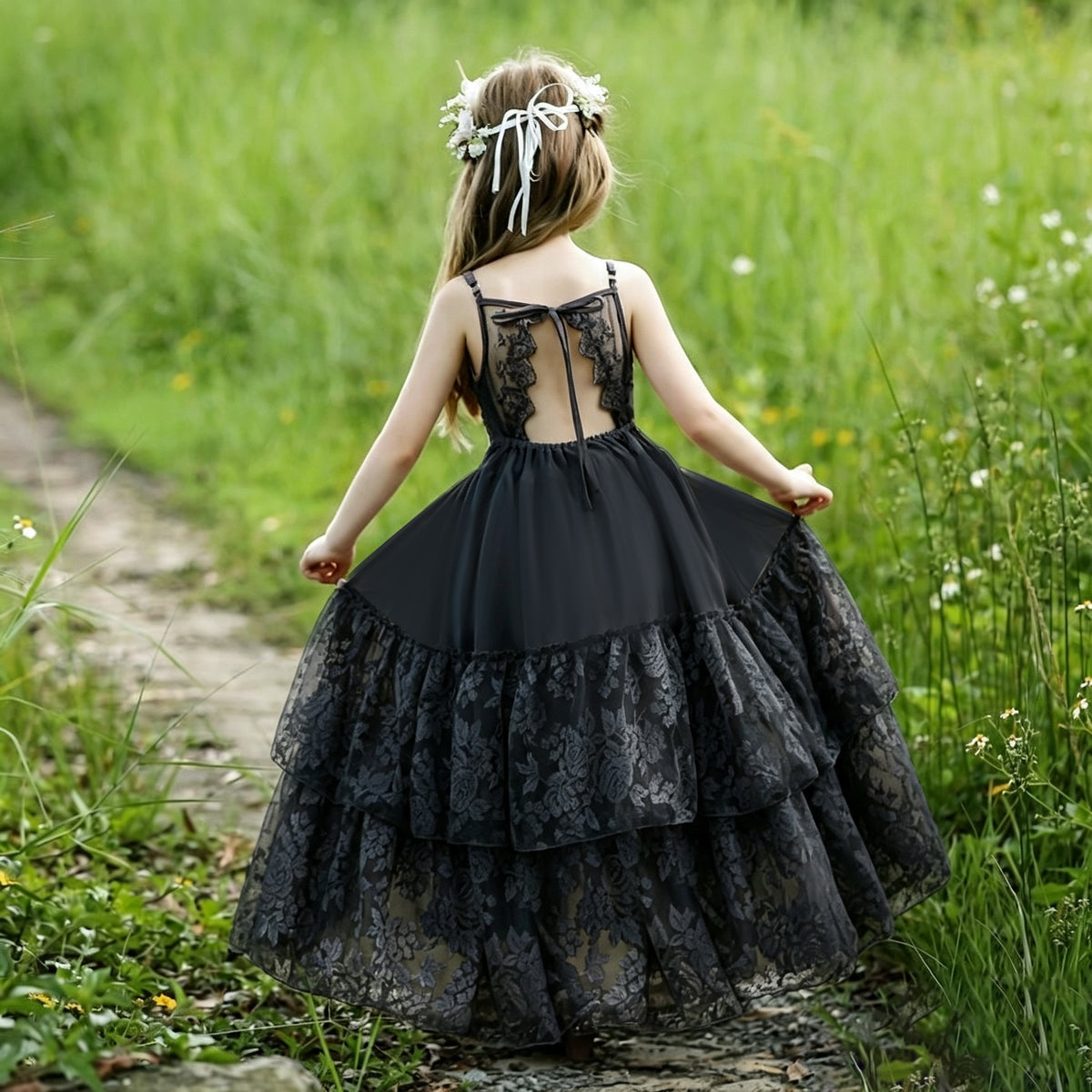 7686 Flower Girl Dresses for Lace Boho Formal Birthday Party Long Tulle Backless Ball Gown Kid Elegant Princess Ruffles New Dress