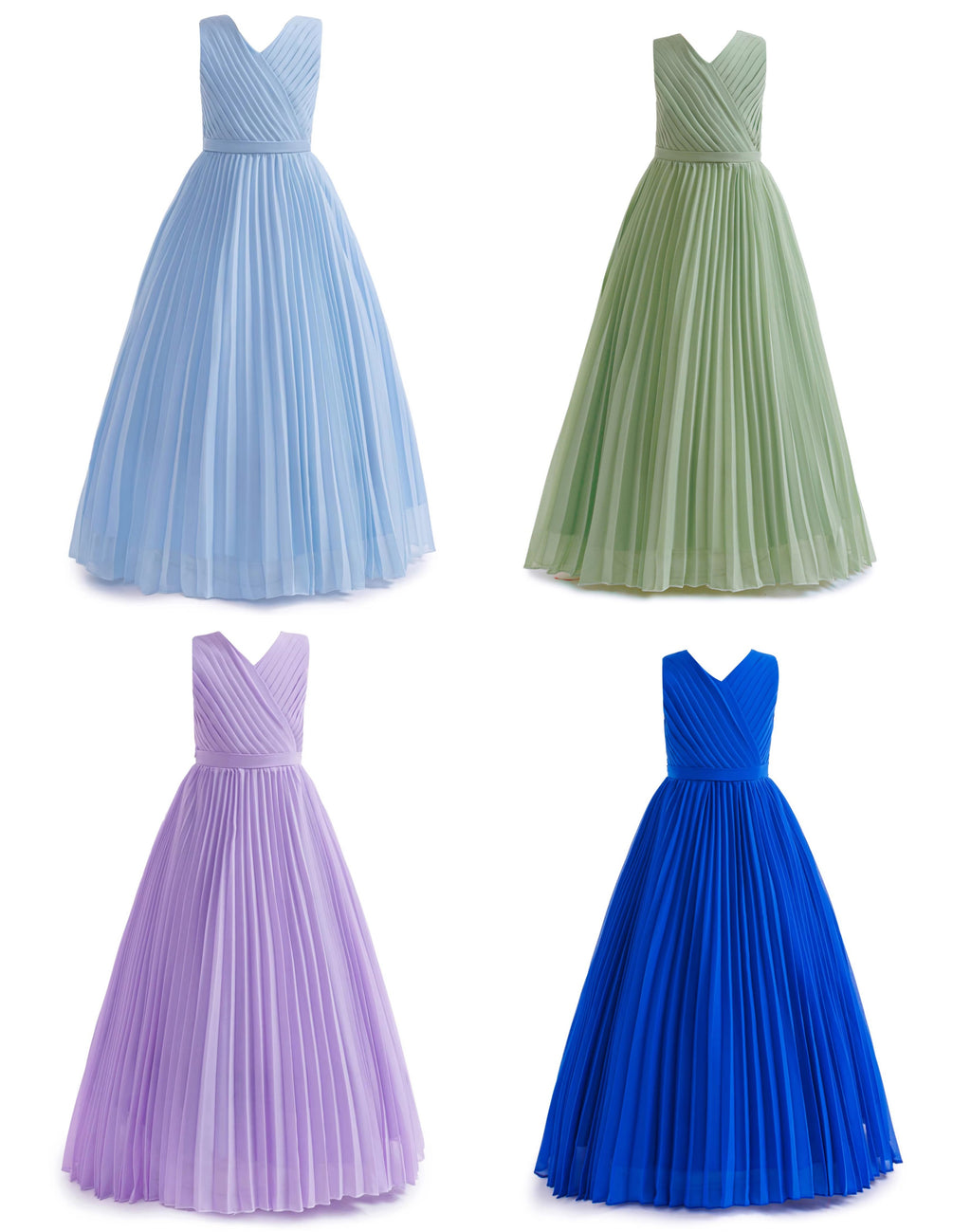 5272 Girls Formal Dress Royal Blue Chiffon V Neck Pleated Floor Length Junior Bridesmaid Gown for Wedding Party Graduation Wear